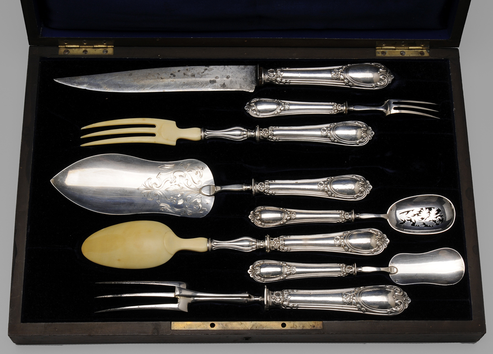 Appraisal: Eight Cased French Silver Serving Pieces late th century includes