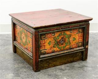 Appraisal: A Chinese Red Lacquered and Painted Elmwood Box Height x