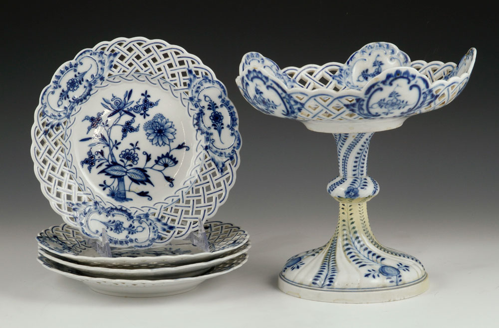 Appraisal: - Meissen Blue and White Plates and Compote German Meissen