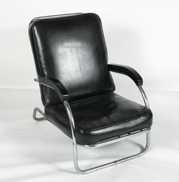 Appraisal: Modern chrome and leather arm chair continuous arm curved wooden