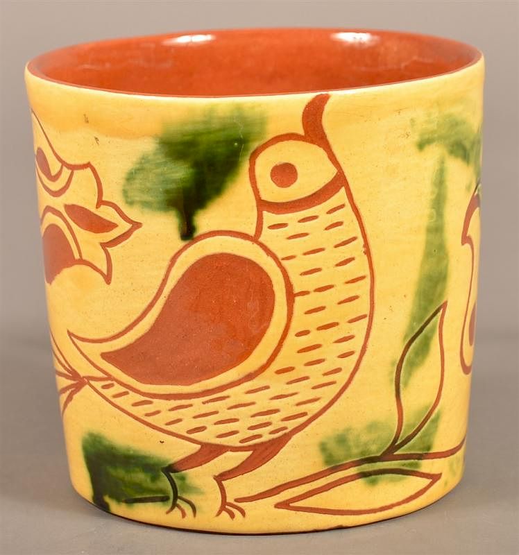 Appraisal: Breininger Redware Bird and Tulip Sgrafitto Mug Breininger Redware Pottery