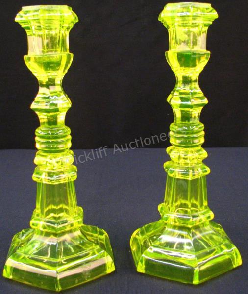 Appraisal: Pair of Vaseline Glass Candlesticks green yellow pressed glass candlesticks