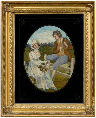 Appraisal: Embroidered silk courtship scene oval view of young man sitting