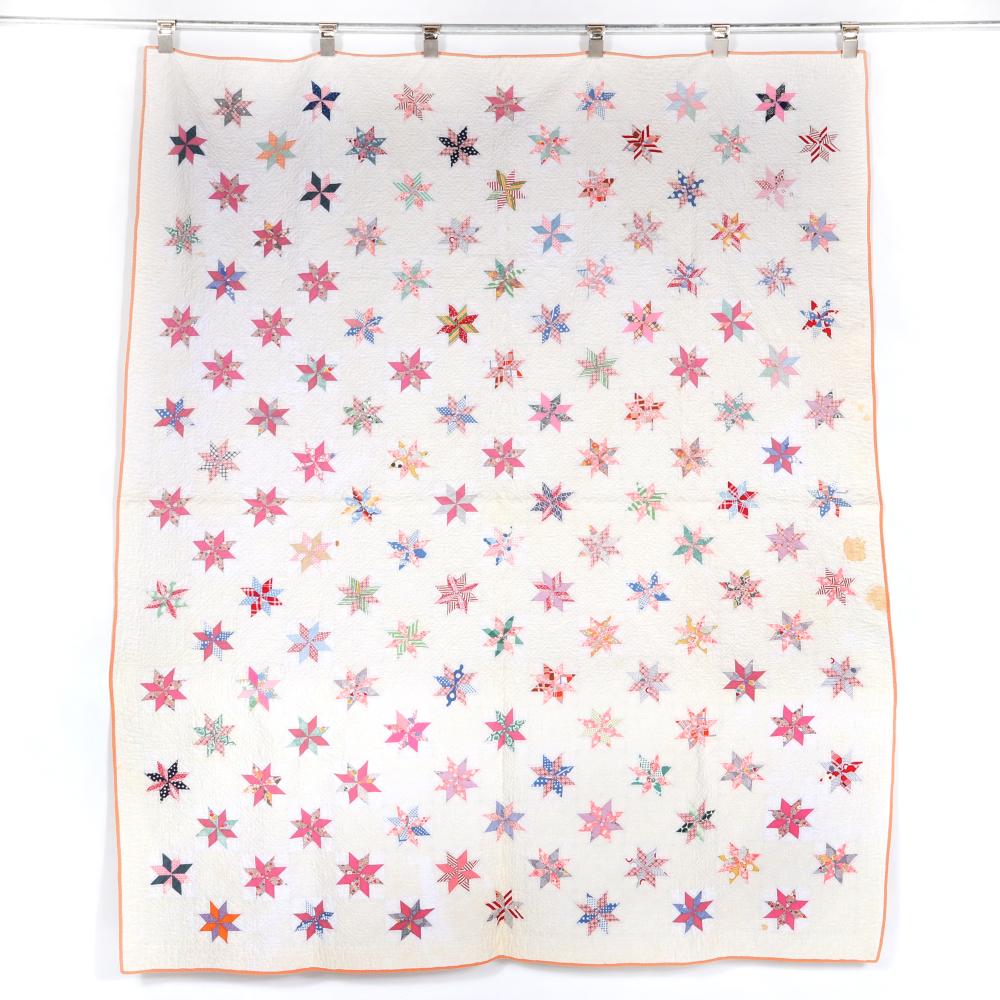 Appraisal: VINTAGE HANDMADE S FLOUR SACK QUILT WITH FLOATING EIGHT-POINTED STARS