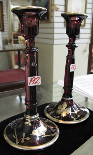 Appraisal: PAIR AMETHYST GLASS AND STERLING OVERLAY CANDLESTICKS - in ht