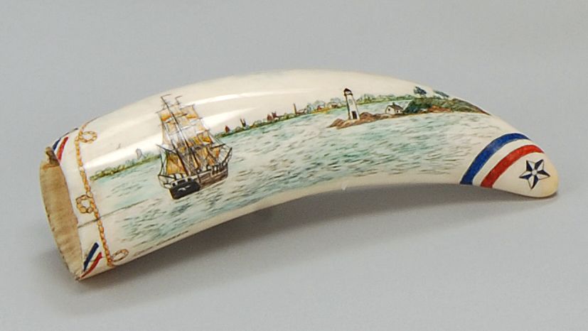 Appraisal: CONTEMPORARY SCRIMSHAW WHALE'S TOOTH Depicting a whale ship entering a