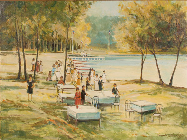 Appraisal: French th century Picnic by the Lake Oil on canvas