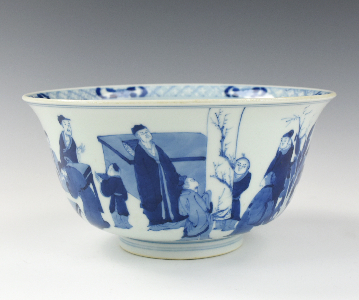 Appraisal: LARGE BLUE AND WHITE BOWL W FIGURE the bowl exterior's