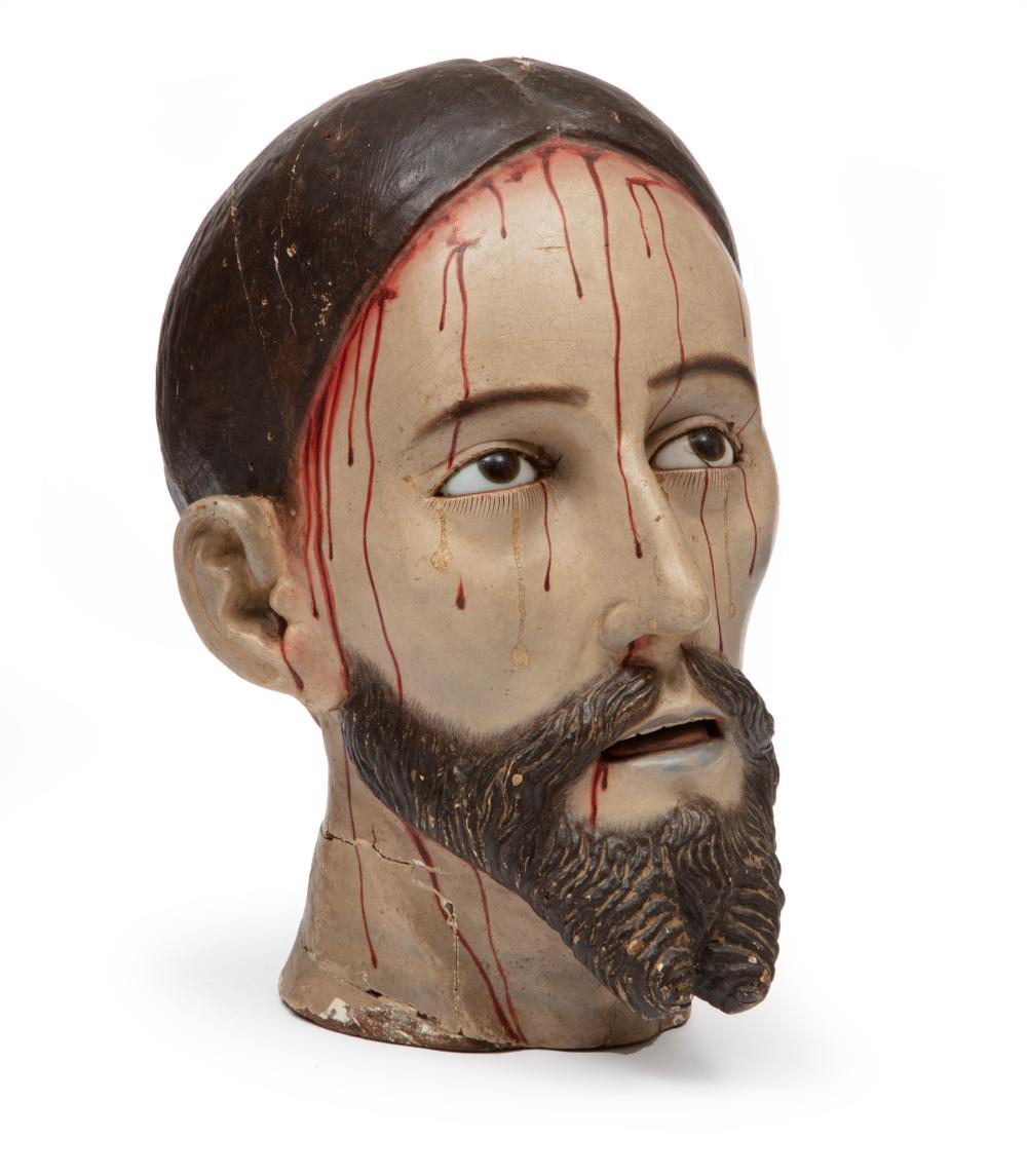 Appraisal: Antique Carved and Painted Wood Head of Jesus glass eyes