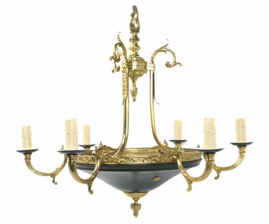 Appraisal: An Empire Style Brass Six-Light Chandelier the central foliate and