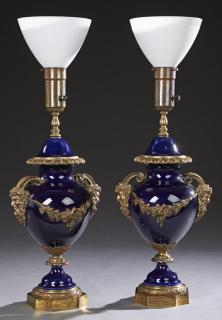 Appraisal: Pair of Gilt Bronze Mounted Louis XVI Style Cobalt Porcelain