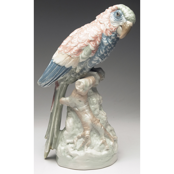 Appraisal: Amphora sculpture large perched parrot covered with a pink blue