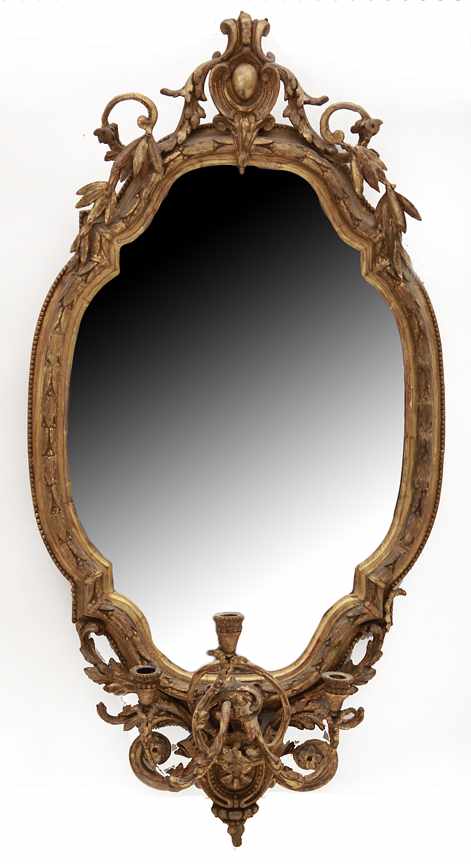 Appraisal: English carved giltwood looking glass mid th century cartouche-and-floral pediment