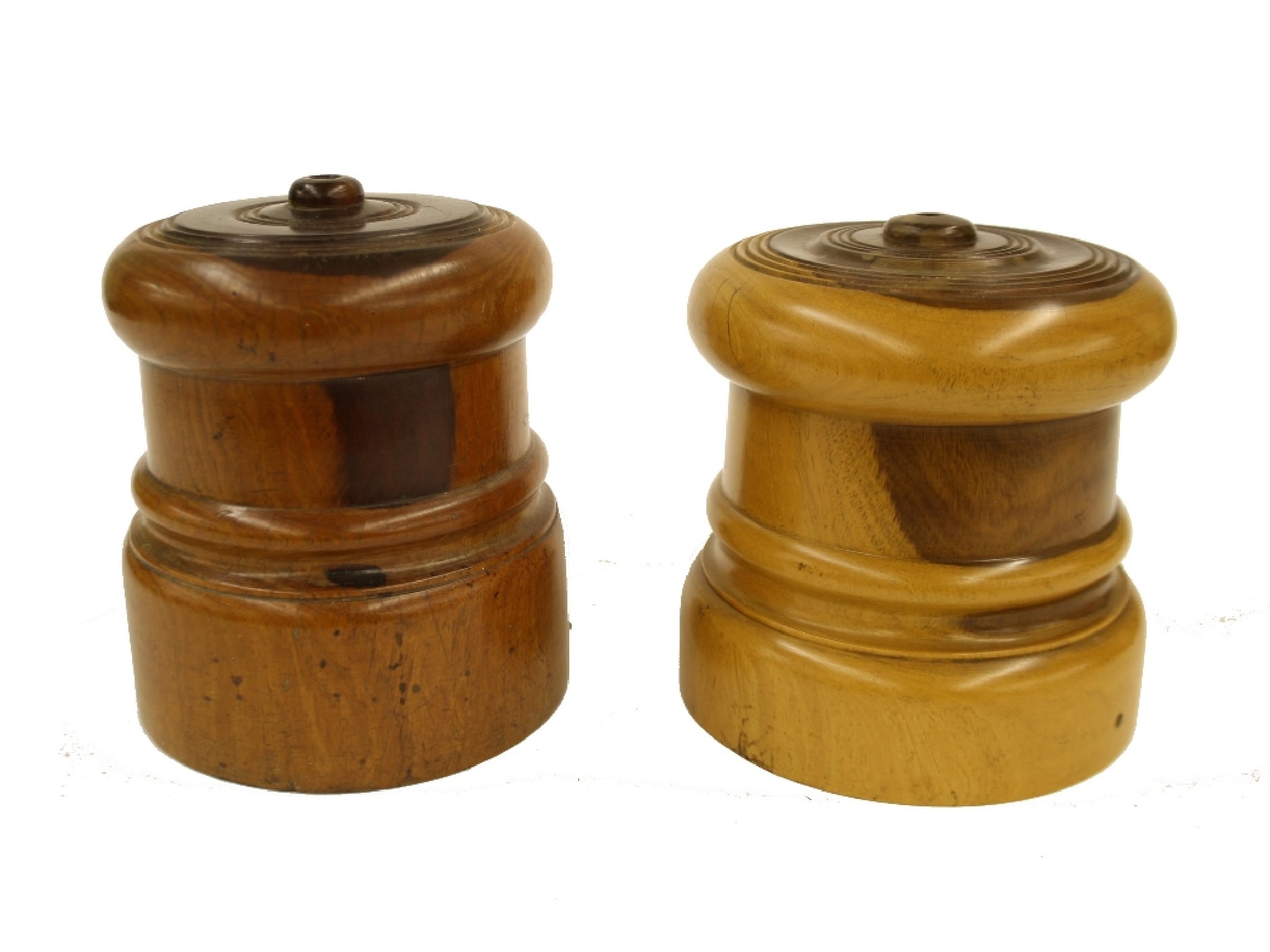 Appraisal: Two similar antique lignum vitae string boxes and high respectively