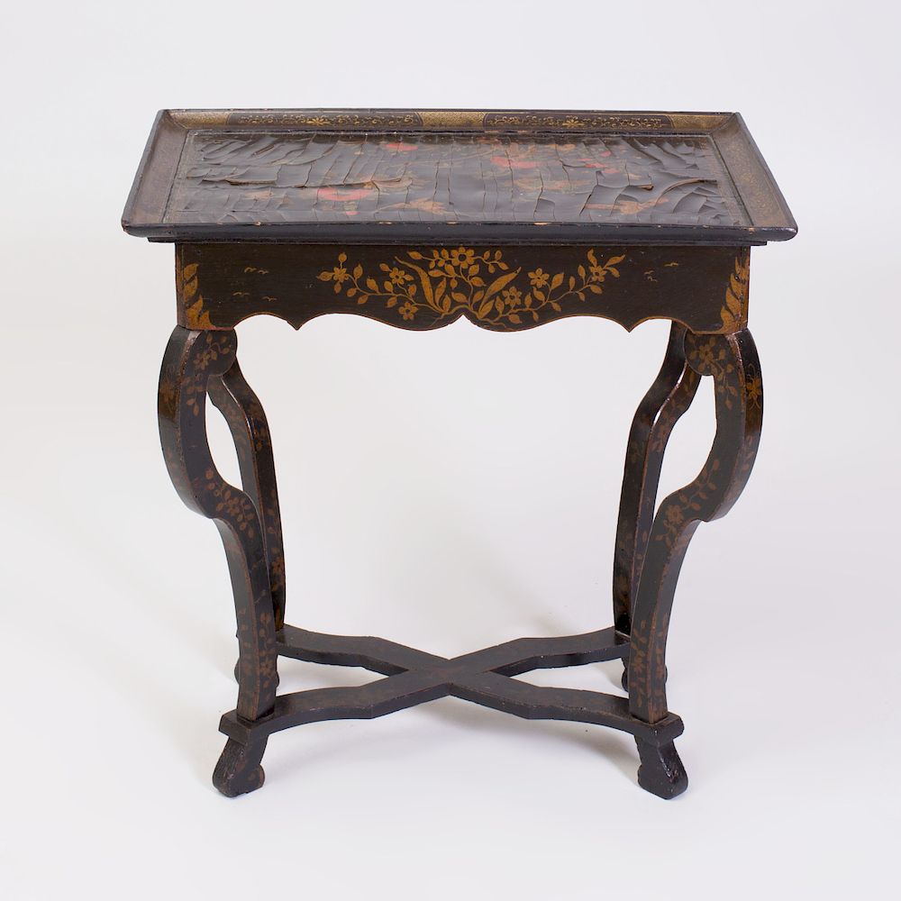 Appraisal: Continental Black Lacquer and Parcel-Gilt Side Table Possibly Dutch Fitted