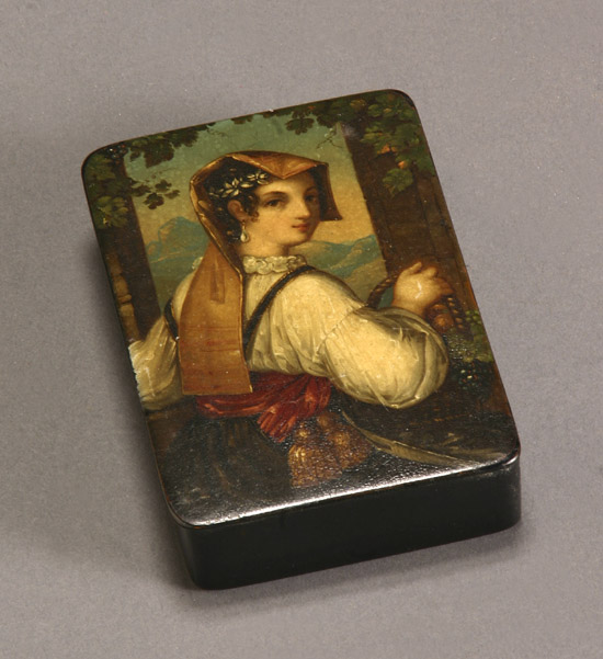 Appraisal: German Painted Black Lacquered Papier-M ch Box of Chiarina Stobwasser