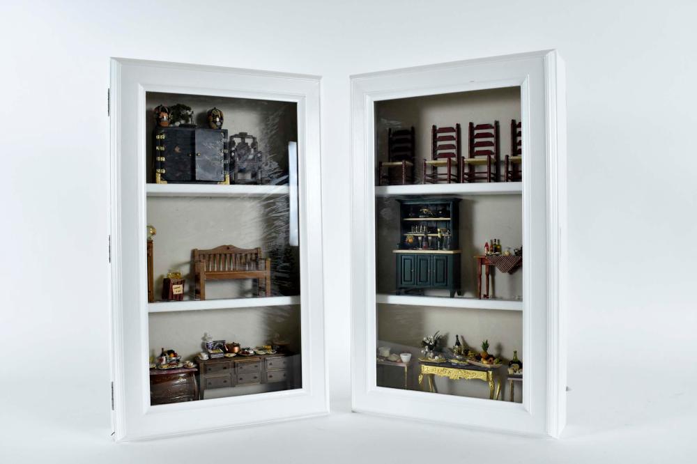 Appraisal: TWO HANGING MINIATURE FURNITURE DISPLAYSThe furniture comprises examples in a