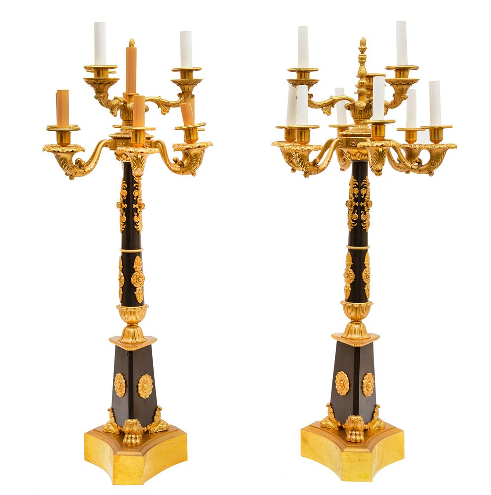 Appraisal: PAIR OF FRENCH EMPIRE GILT-BRONZE AND EBONISED SEVER-LIGHT TORCHIERES PAIR