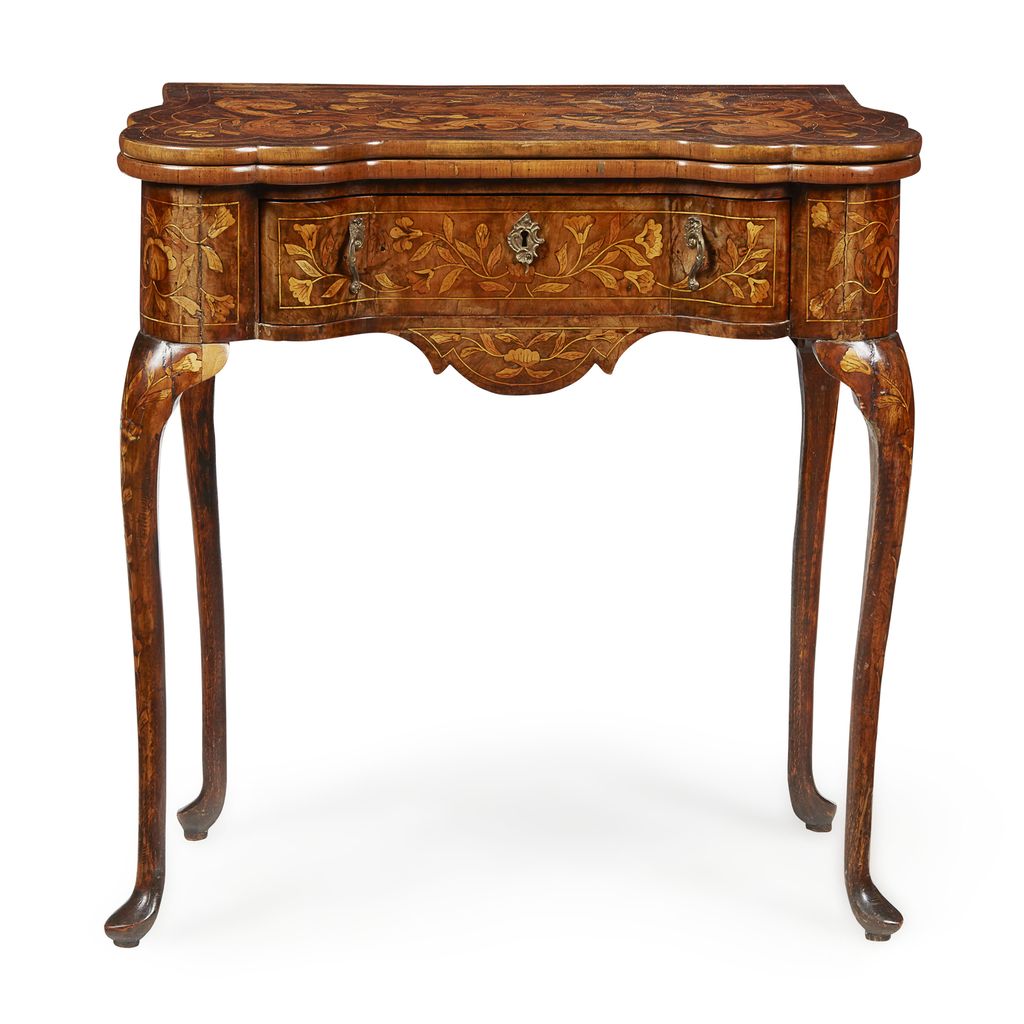 Appraisal: DUTCH MARQUETRY FOLDOVER GAMES TABLE TH CENTURY the foldover top