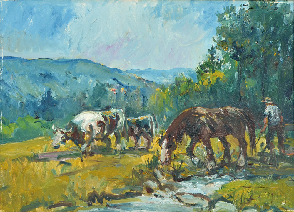 Appraisal: ILLEGIBLY SIGNED HUNGARIAN PAINTING COWS AND HORSE AT THE STREAM