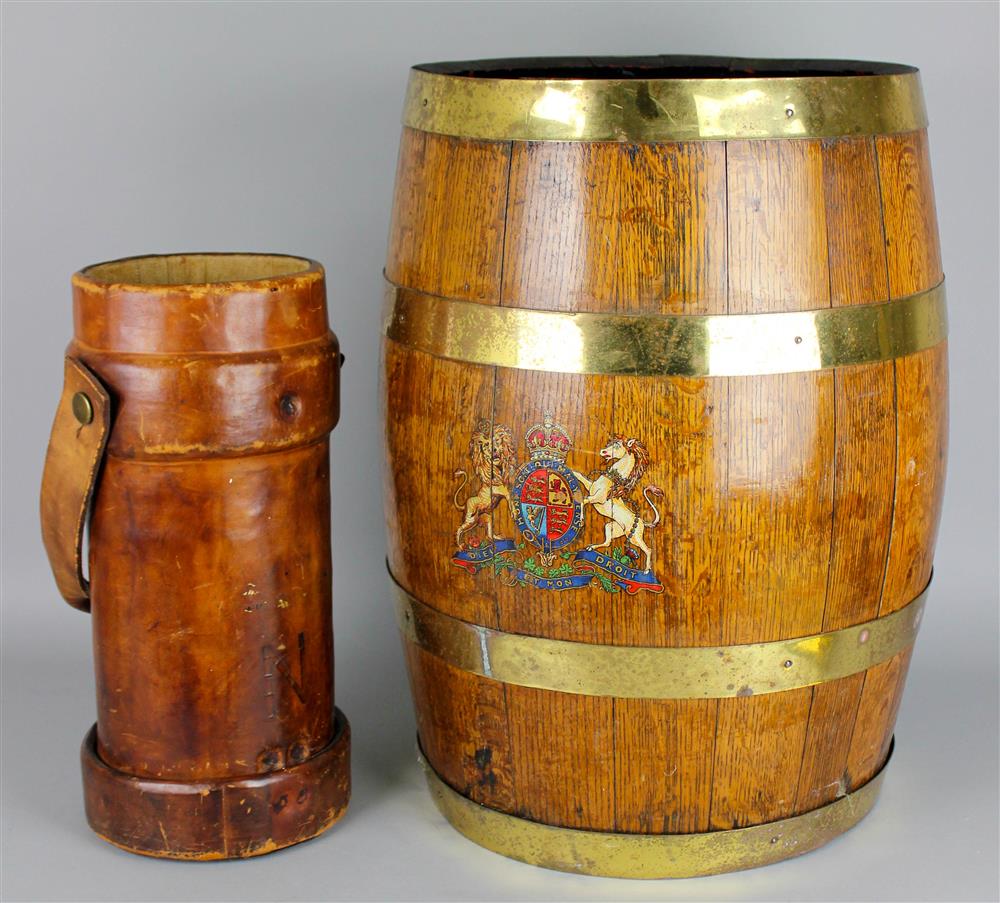 Appraisal: ENGLISH OAK BRASS BOUND BARREL ALONG WITH AN APPLIED LEATHER