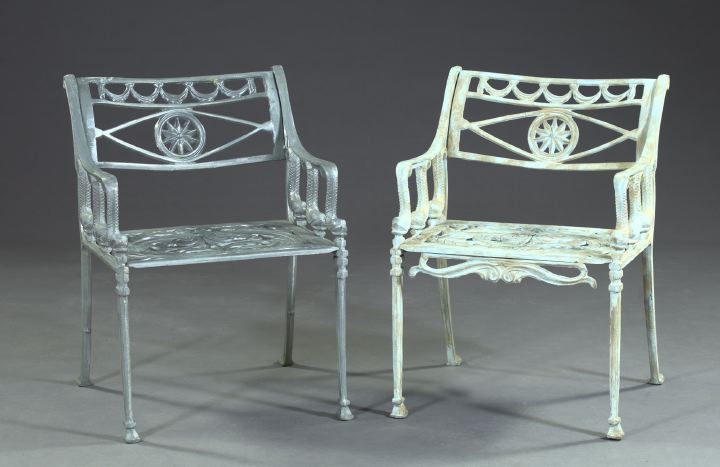 Appraisal: Pair of Cast-Metal Garden Chairs each with a row of