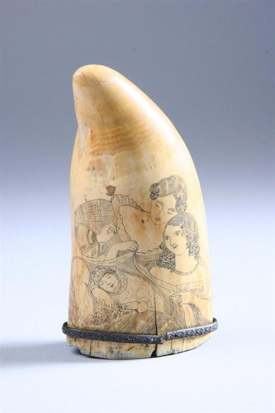 Appraisal: SCRIMSHAW DECORATED WHALE'S TOOTH Two ladies adoring sleeping infant reversing