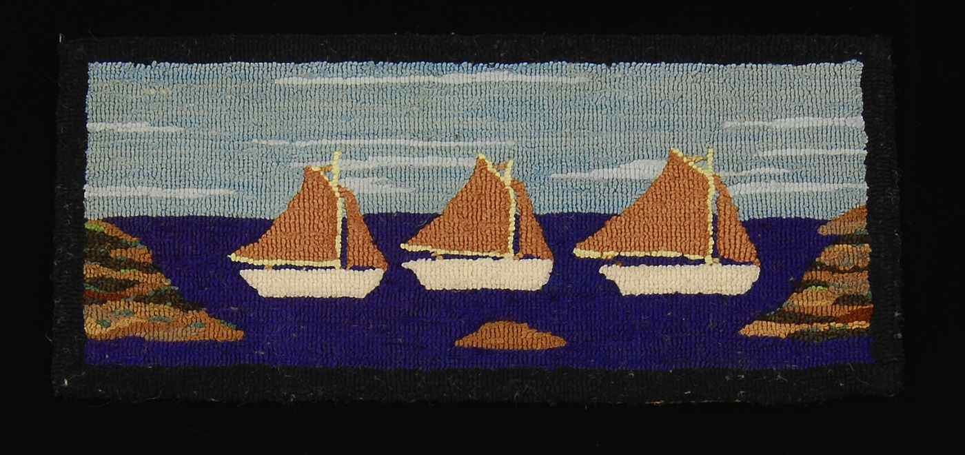 Appraisal: RECTANGULAR SILK HOOKED MAT th CenturyDepicting three sailboats underway Black