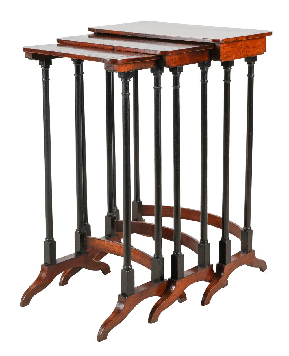 Appraisal: REGENCY MAHOGANY EBONIZED NESTING TABLEScomprising three each with line-inlaid borders