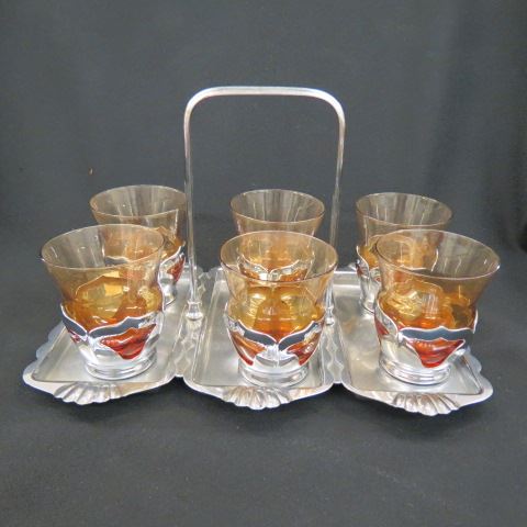 Appraisal: Farberware Beverage Glasses and Holder chrome bases and holder amber