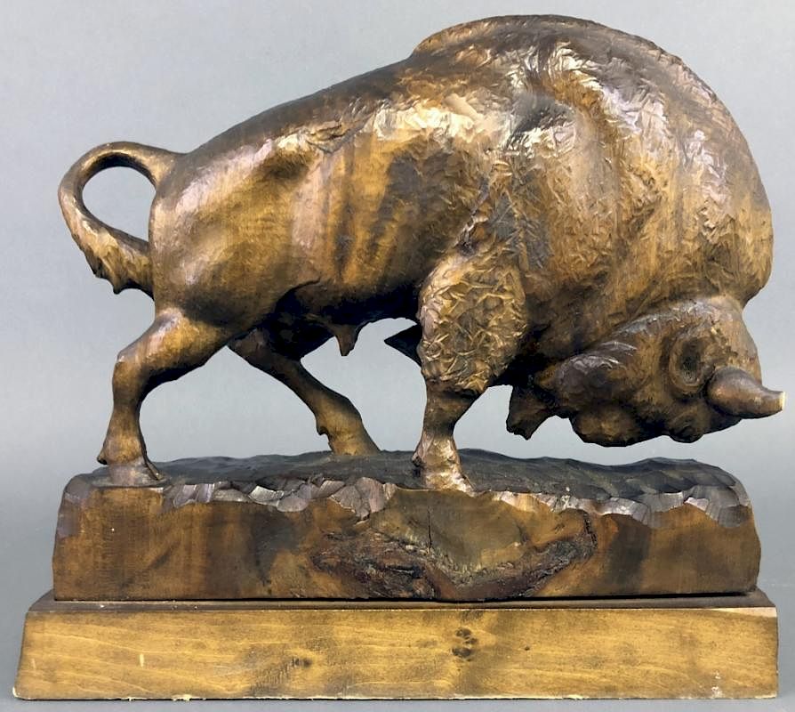 Appraisal: Wood Carved Standing Buffalo Wood carved standing buffalo mounted on