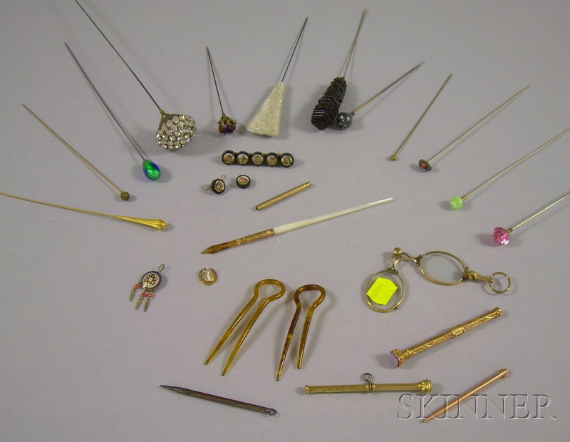 Appraisal: Group of Hat Pins together with four pencils a lorgnette