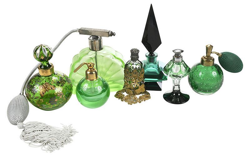 Appraisal: Seven Green Glass Perfume Bottles Continental Asian th century Moser