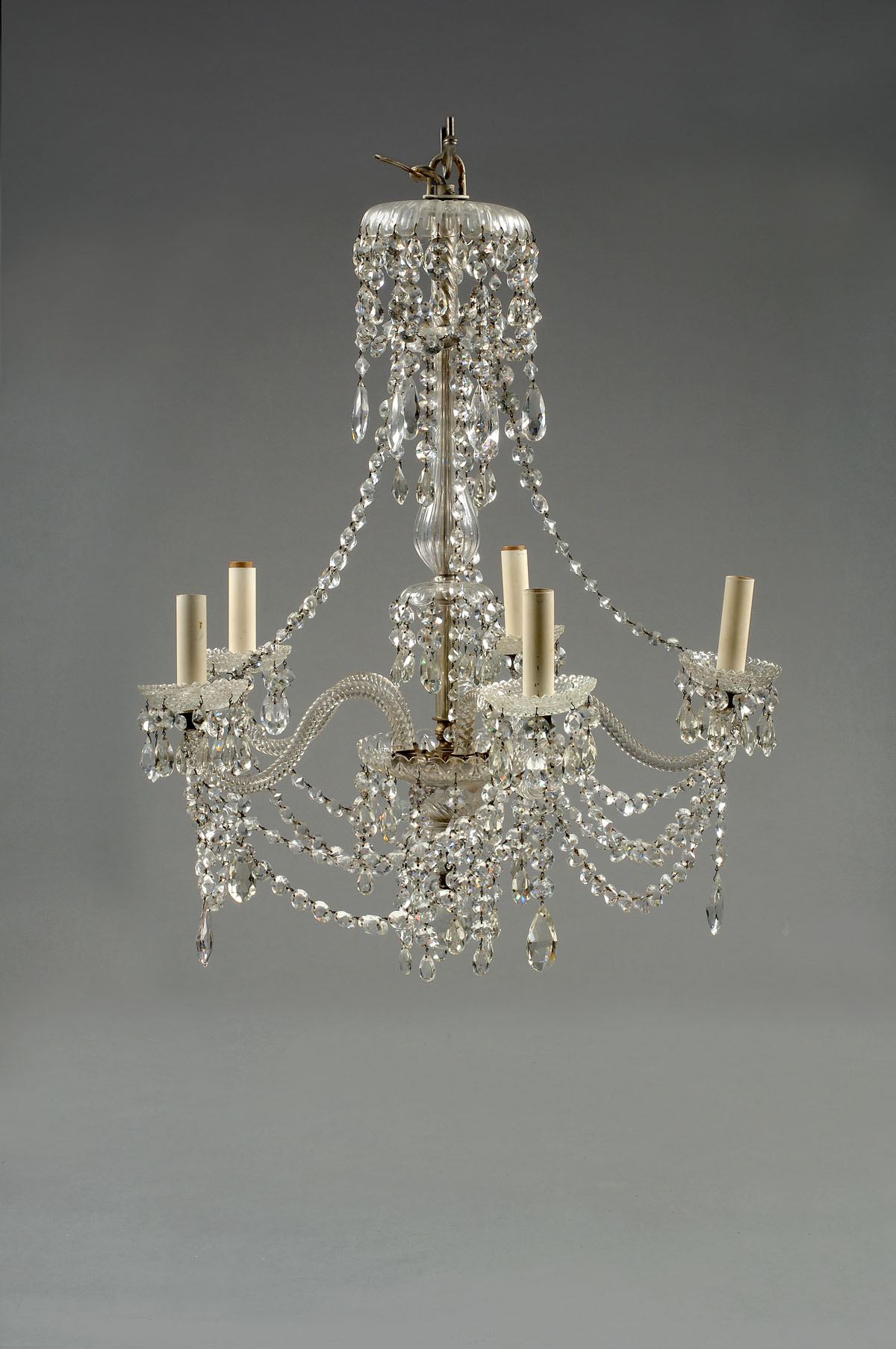 Appraisal: GEORGE III STYLE CUT GLASS FIVE-LIGHT CHANDELIER The baluster and