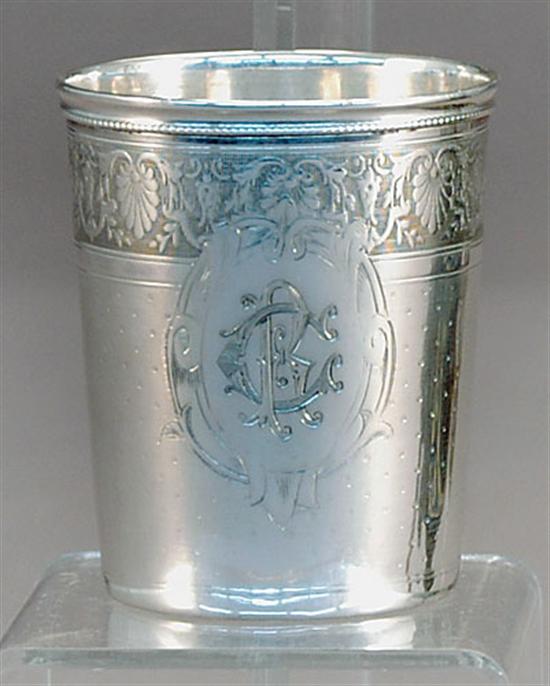 Appraisal: Continental silver beaker th century tapered form elaborately adorned with