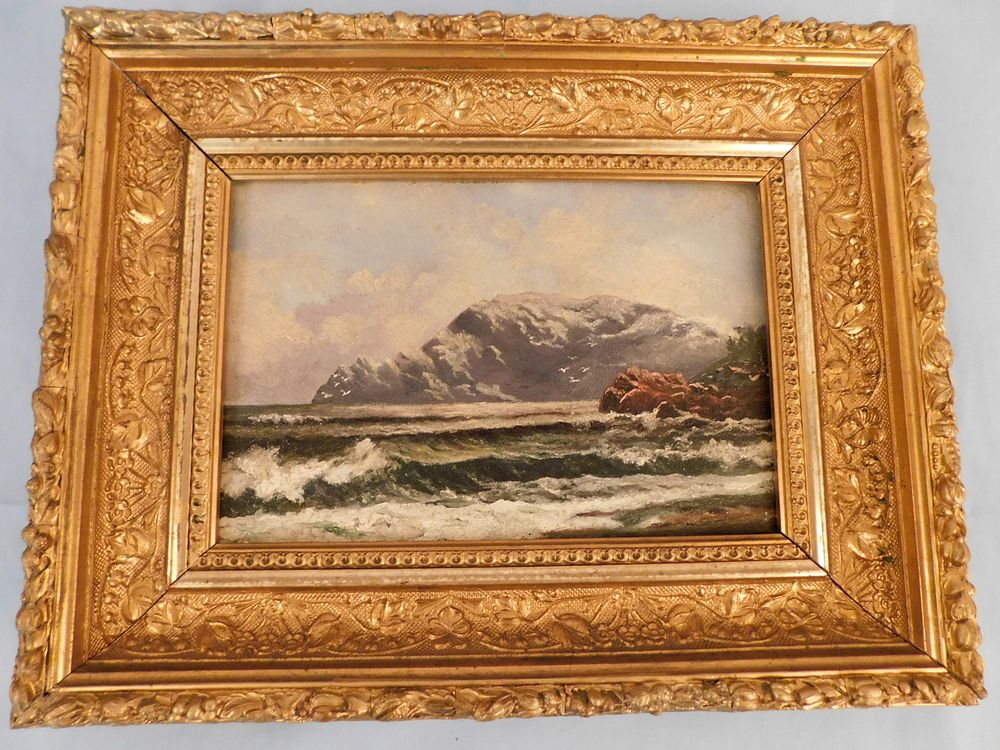 Appraisal: HATHAWAY SEASCAPE PAINTING Antique oil painting on board depicting Maine