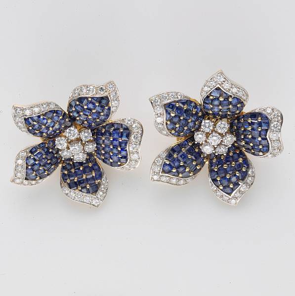 Appraisal: A pair of sapphire diamond and eighteen karat gold earrings