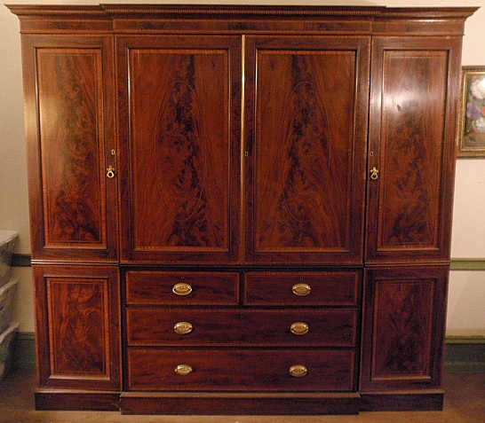 Appraisal: - Georgian inlaid mahogany breakfront c with a dentil molded