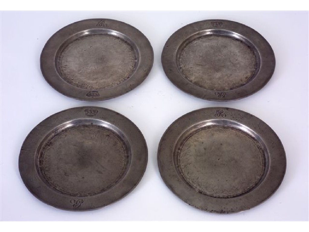 Appraisal: SET OF FOUR PEWTER PLATES th CENTURY each engraved with