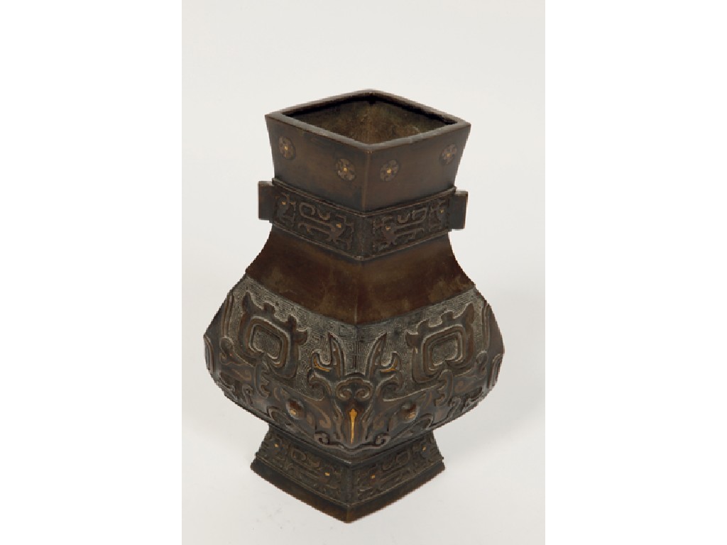 Appraisal: A CHINESE BRONZE VASE of archaistic form with gold and