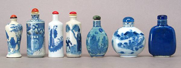 Appraisal: A group of seven porcelain snuff bottles with underglaze blue