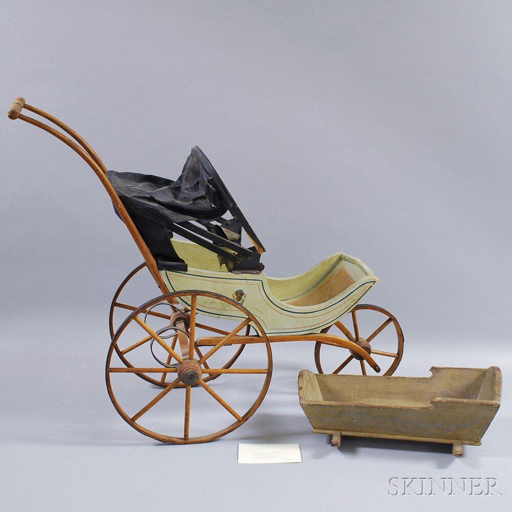 Appraisal: Joel Ellis Paint-decorated Covered Doll Carriage Vermont s together with