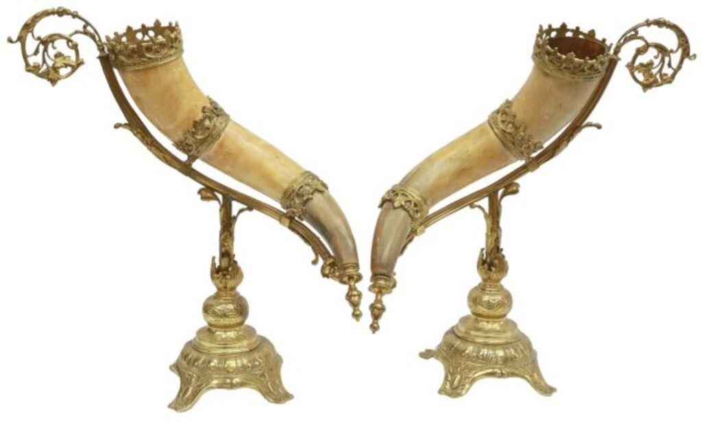 Appraisal: pair Impressive Continental gilt metal mounted drinking horns each in