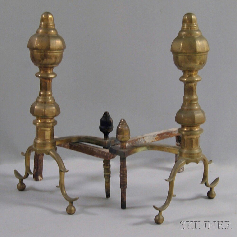 Appraisal: Pair of Georgian Brass Andirons th century the faceted urn-top