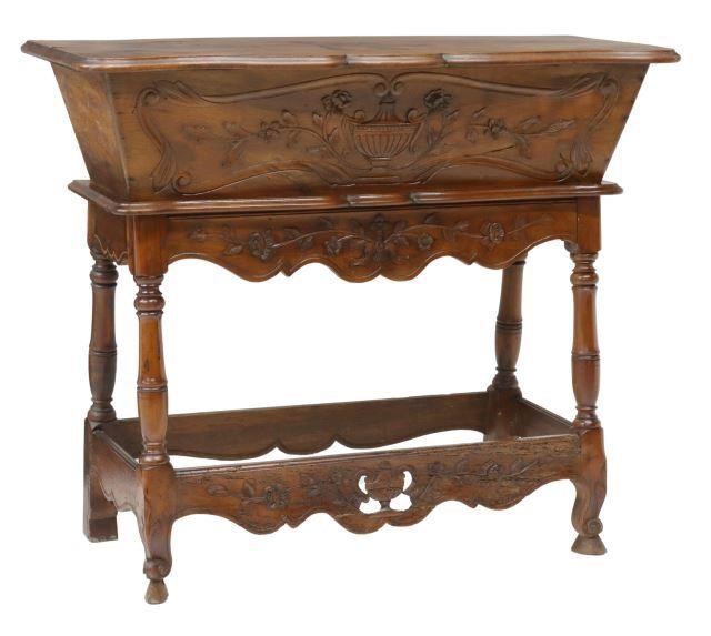 Appraisal: French Provincial walnut dough bin on stand th c carved