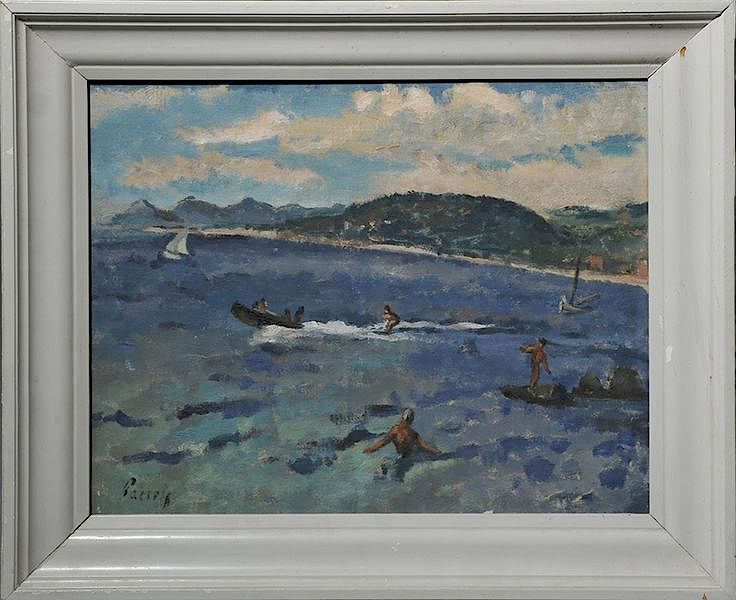 Appraisal: Oil on canvas Impressionist lake scene with figures enjoying water