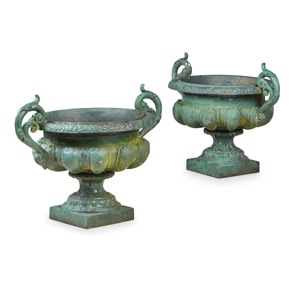 Appraisal: PAIR OF LARGE GREEN PAINTED CAST IRON URNS LATE TH