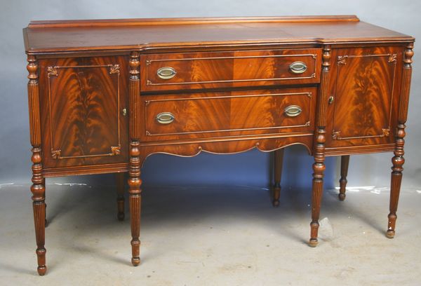 Appraisal: Custom Sheraton flame mahogany sideboard having fluted legs Paine Furniture