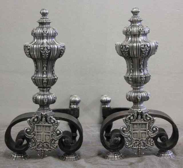 Appraisal: Pair of Silvered Bronze Andirons with Armorial plaques Possibly Caldwell