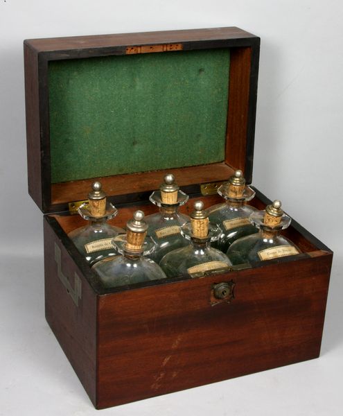 Appraisal: Early th Century mahogany liquor box with hand-blown labeled decanters